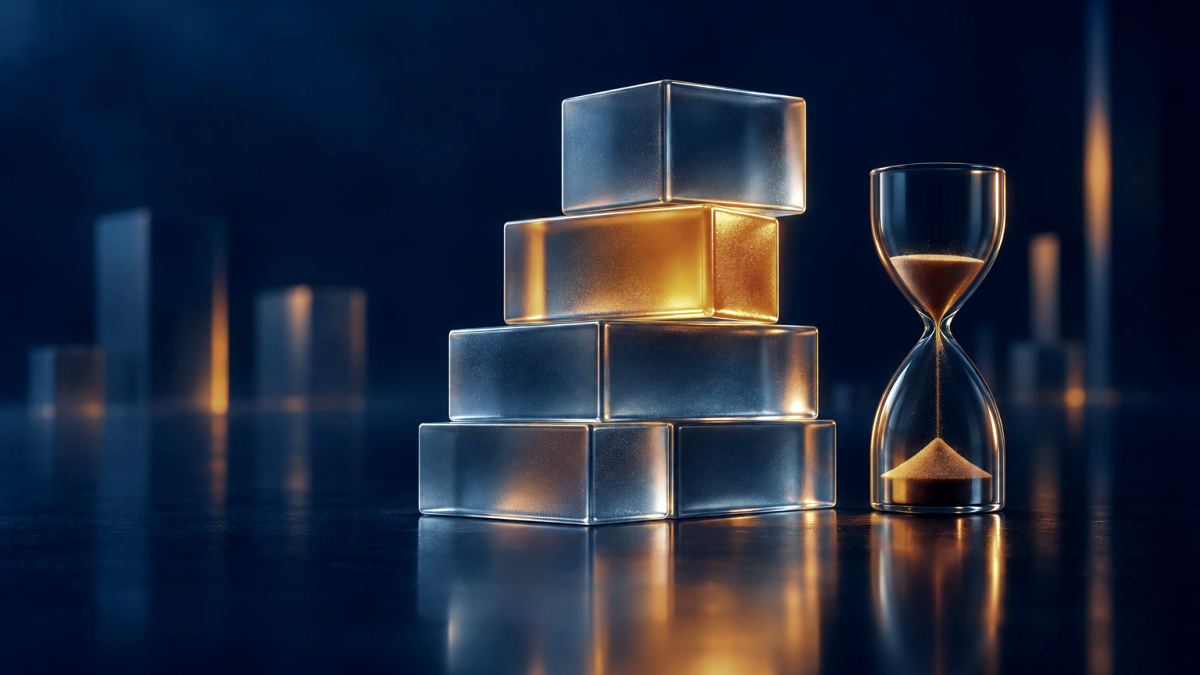 An illustration of glass building blocks stacked into a tower, one glowing orange as it slots in, beside a small hourglass.