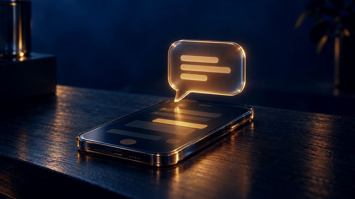 An illustration of a glass phone on a shop counter with a glowing speech bubble rising from the screen.