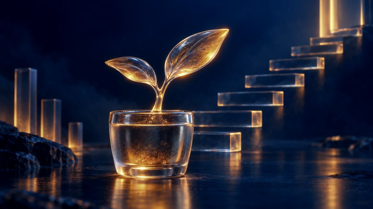 An illustration of a glass seedling with glowing orange leaves in front of a rising staircase of glass steps.