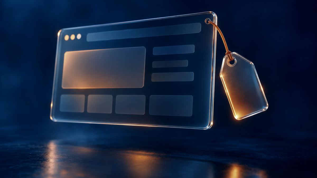 An illustration of a glass price tag hanging from the corner of a floating browser window.