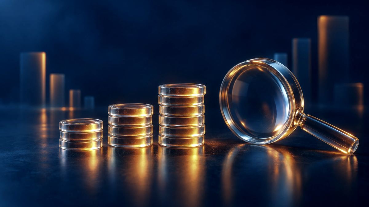 An illustration of three stacks of glass coins of rising height beside a magnifying glass.
