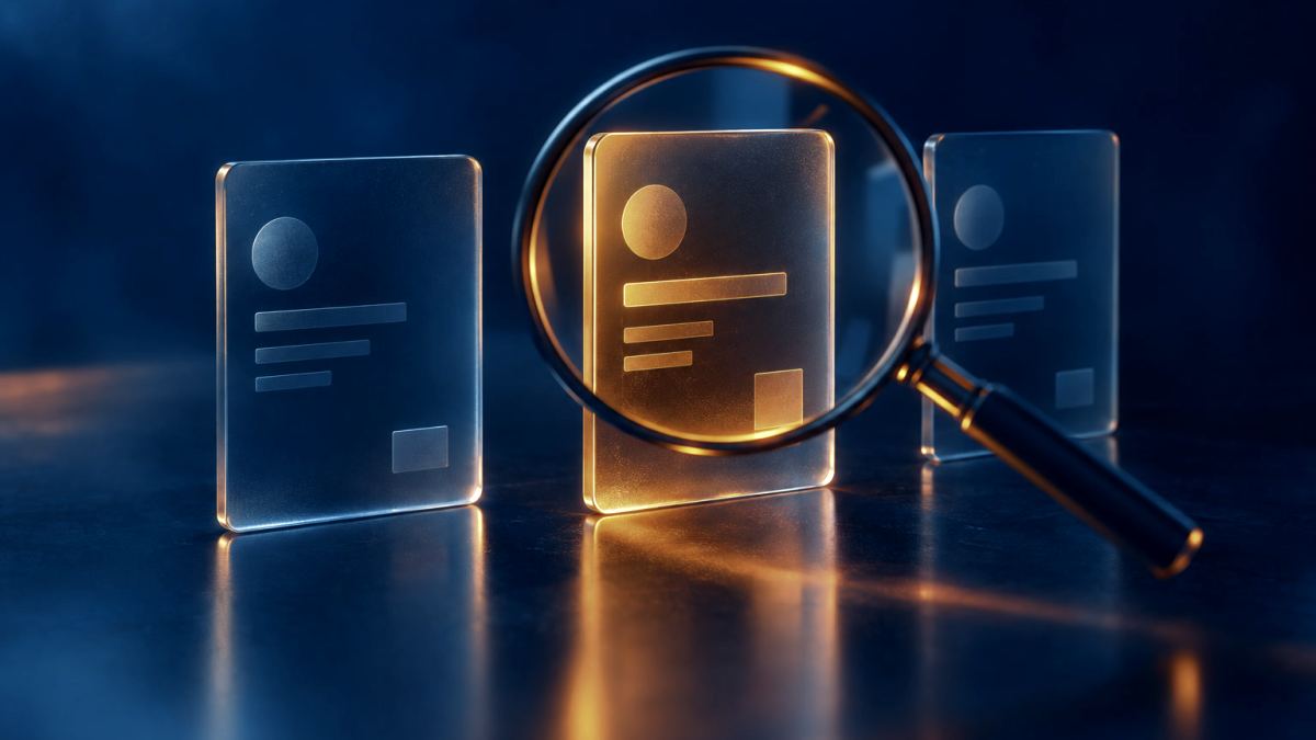 An illustration of three glass business cards in a row with a magnifying glass over the glowing middle one.