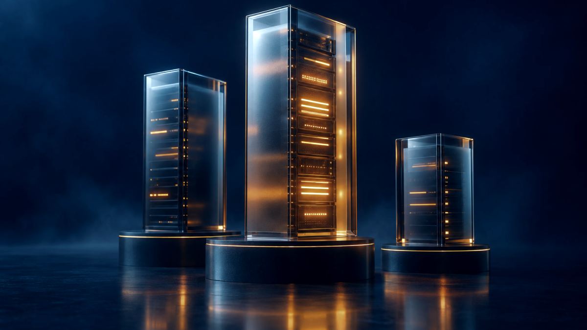 An illustration of three glass server towers on pedestals, the middle one lit orange from inside.