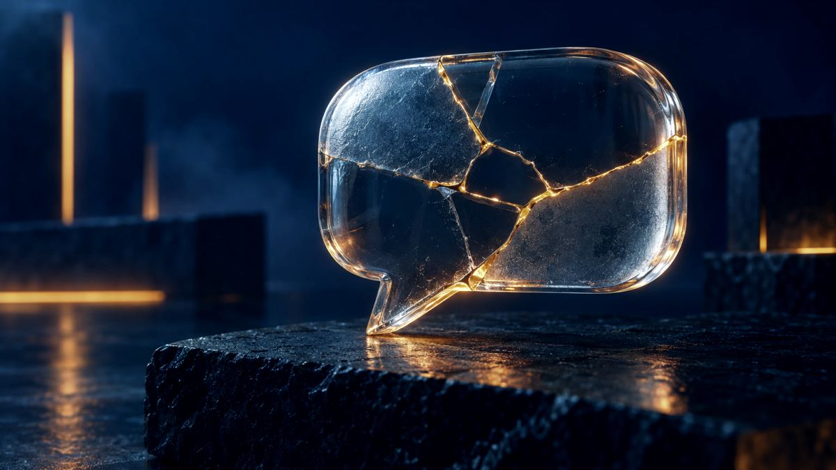 An illustration of a cracked glass speech bubble mended with glowing orange seams, kintsugi style.
