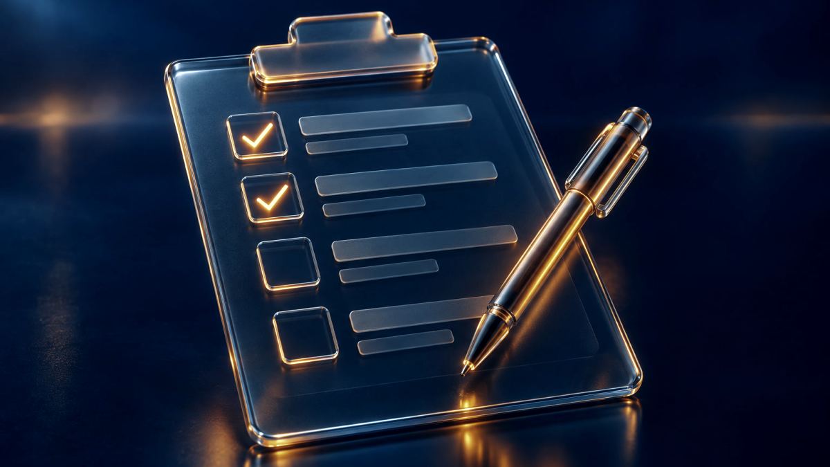 An illustration of a glass clipboard with a checklist and a glowing orange pen across it.