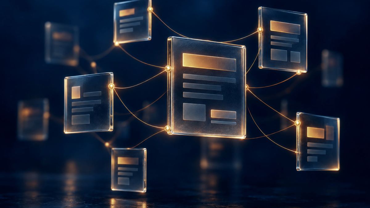 An illustration of floating glass page tiles joined by thin glowing orange threads.