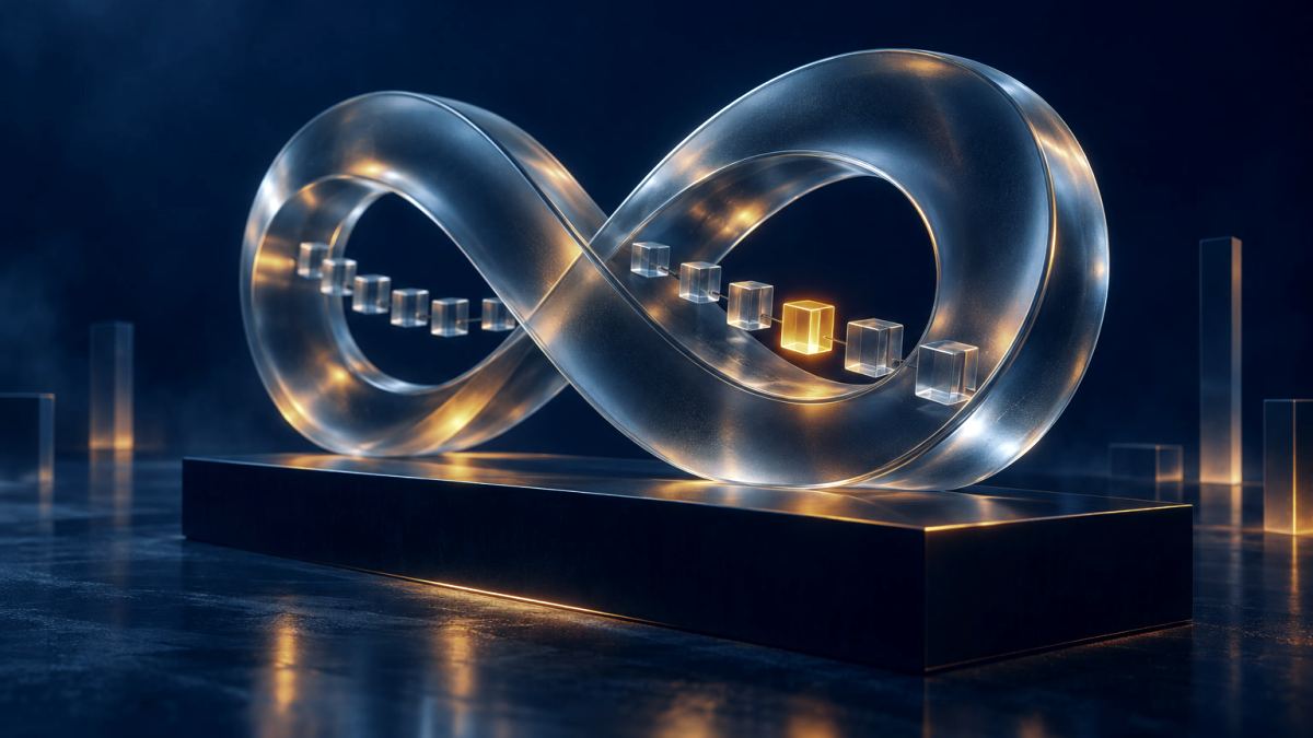 An illustration of a glass infinity symbol with a single-file line of small cubes passing through it.