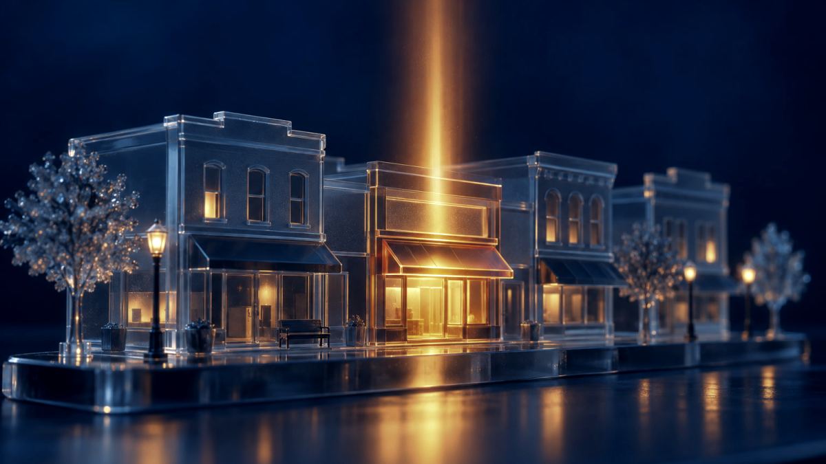 An illustration of a miniature glass main street with an orange beacon rising from one shopfront.