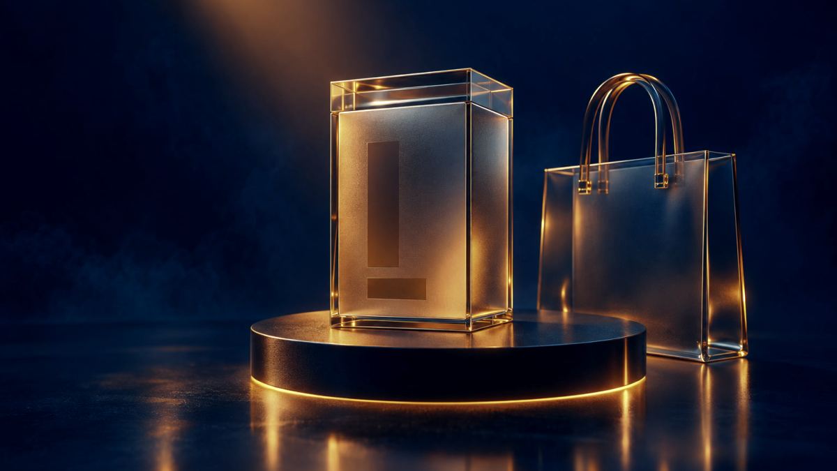 An illustration of a glass product box on a lit display pedestal beside a glass shopping bag.