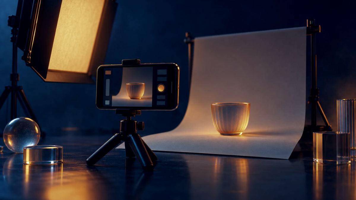 An illustration of a phone on a small tripod photographing a cup, lit by an orange softbox.