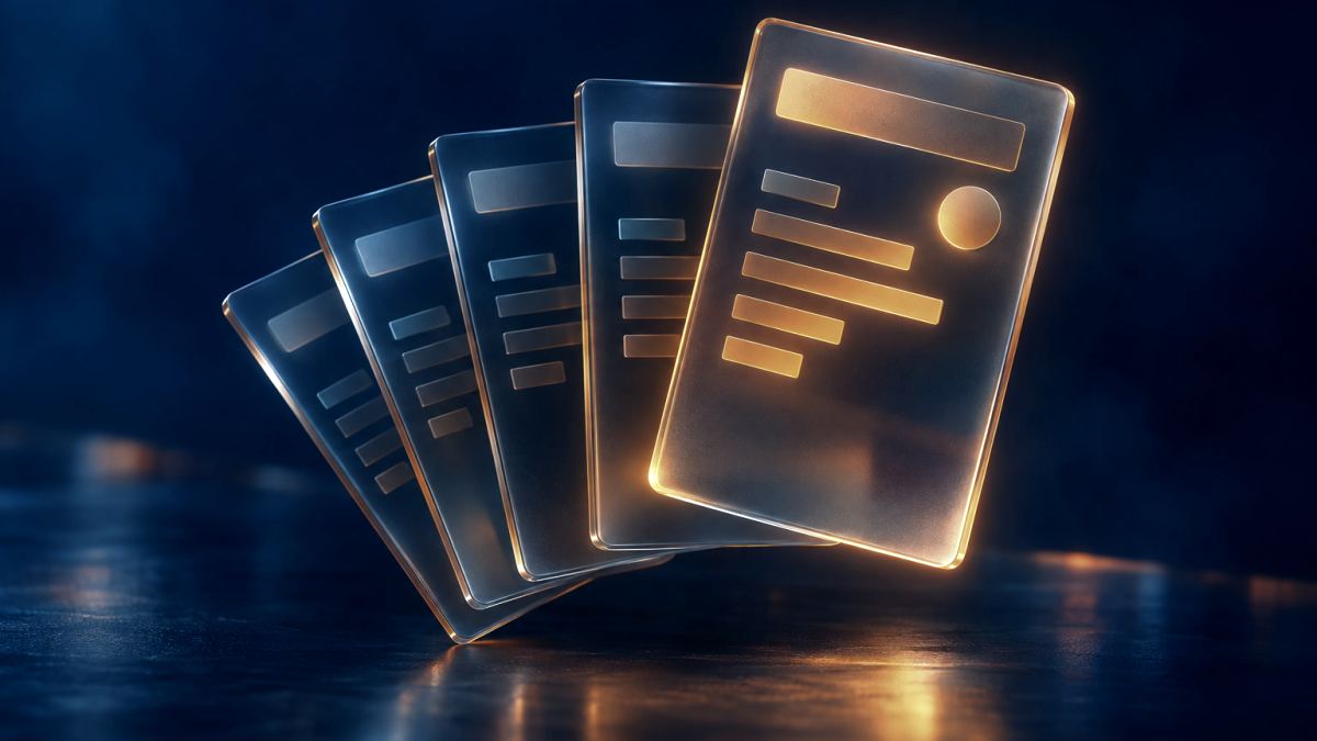 An illustration of five glass report cards fanned out, one lifted and glowing orange.