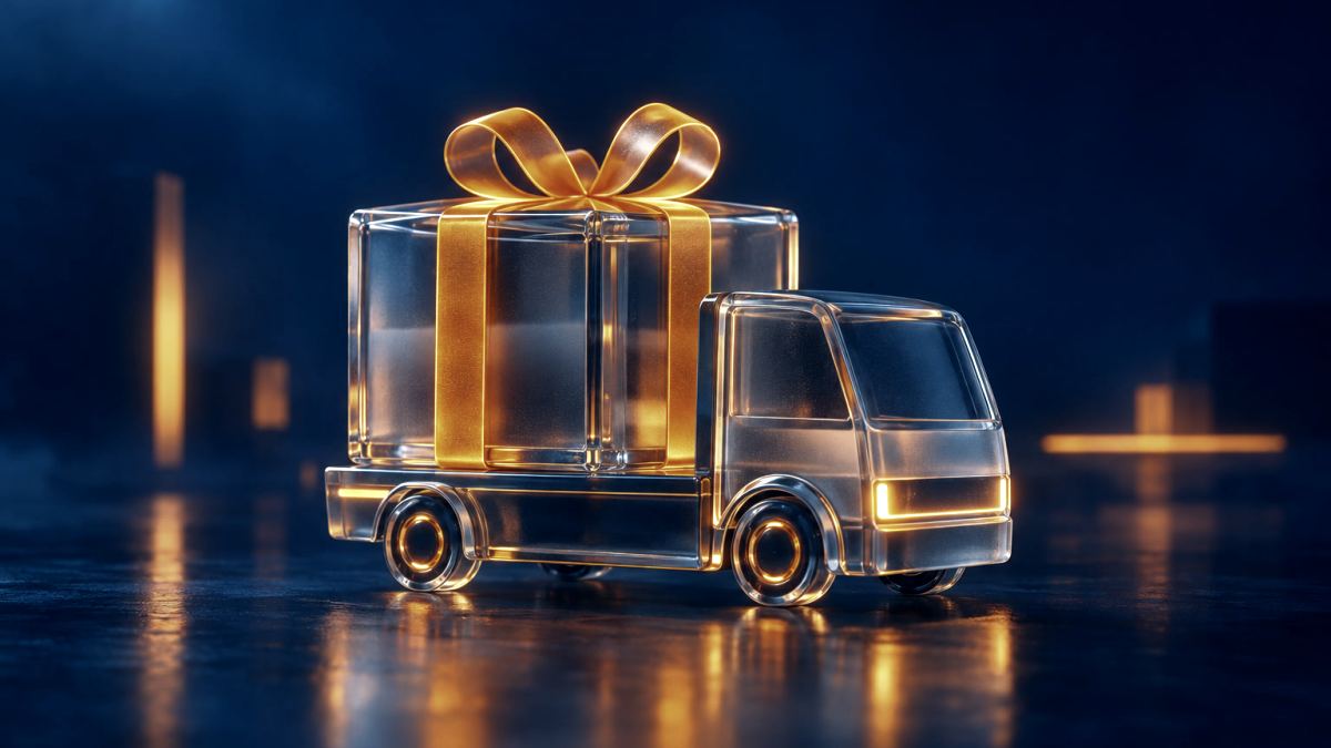 An illustration of a glass parcel with a glowing ribbon sitting on a small glass delivery van.