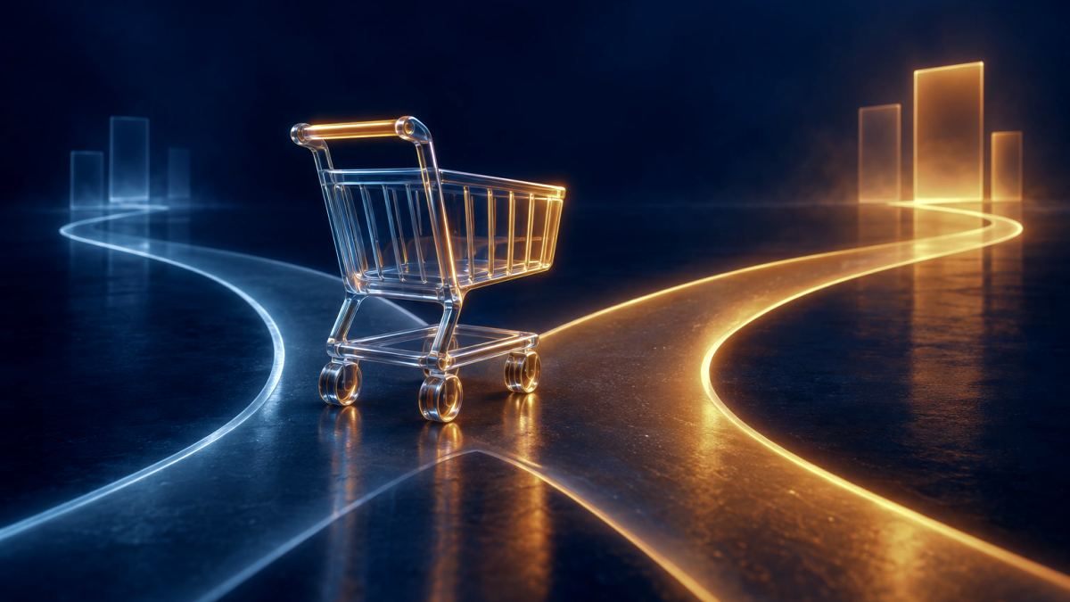 An illustration of a glass shopping cart at a fork in a road of light, one path glowing orange.