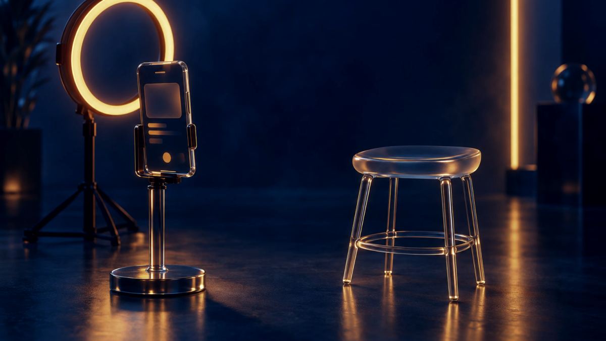 An illustration of a glass phone on a stand facing an empty stool with an orange ring light behind.