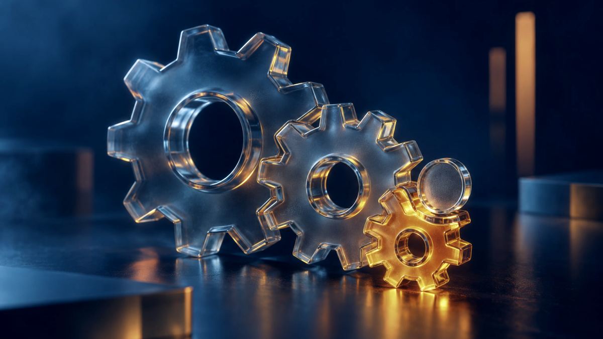An illustration of interlocking glass gears, the smallest glowing orange, with a coin resting on top.