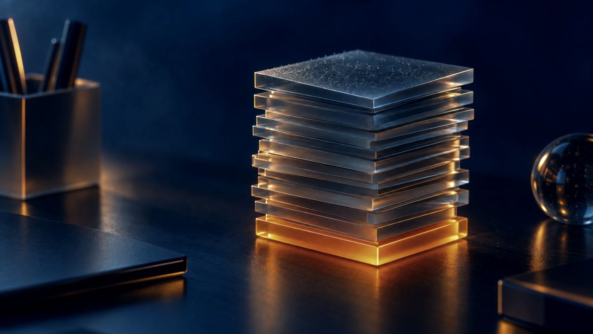 An illustration of a tall stack of glass sticky notes on a desk, the bottom one glowing orange.