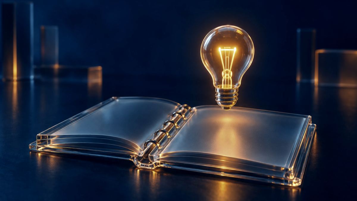 An illustration of an open glass notebook with a glowing orange light bulb floating above the page.