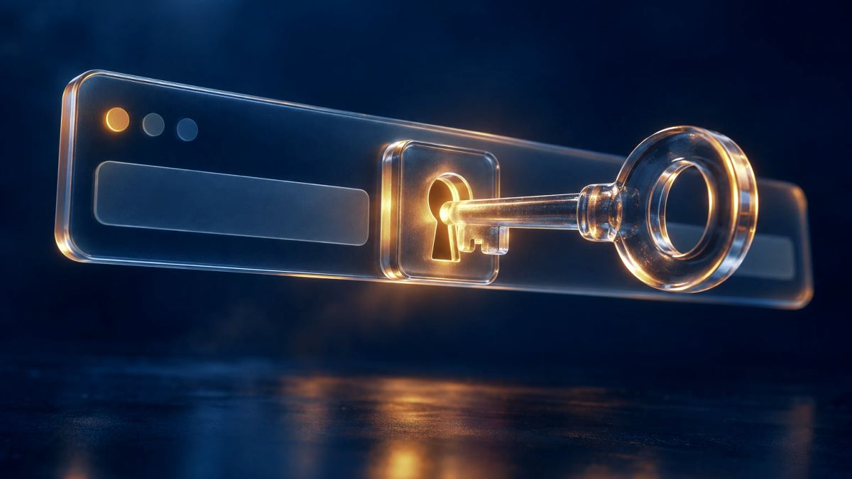 An illustration of a glass key sliding into a keyhole in a floating browser address bar.
