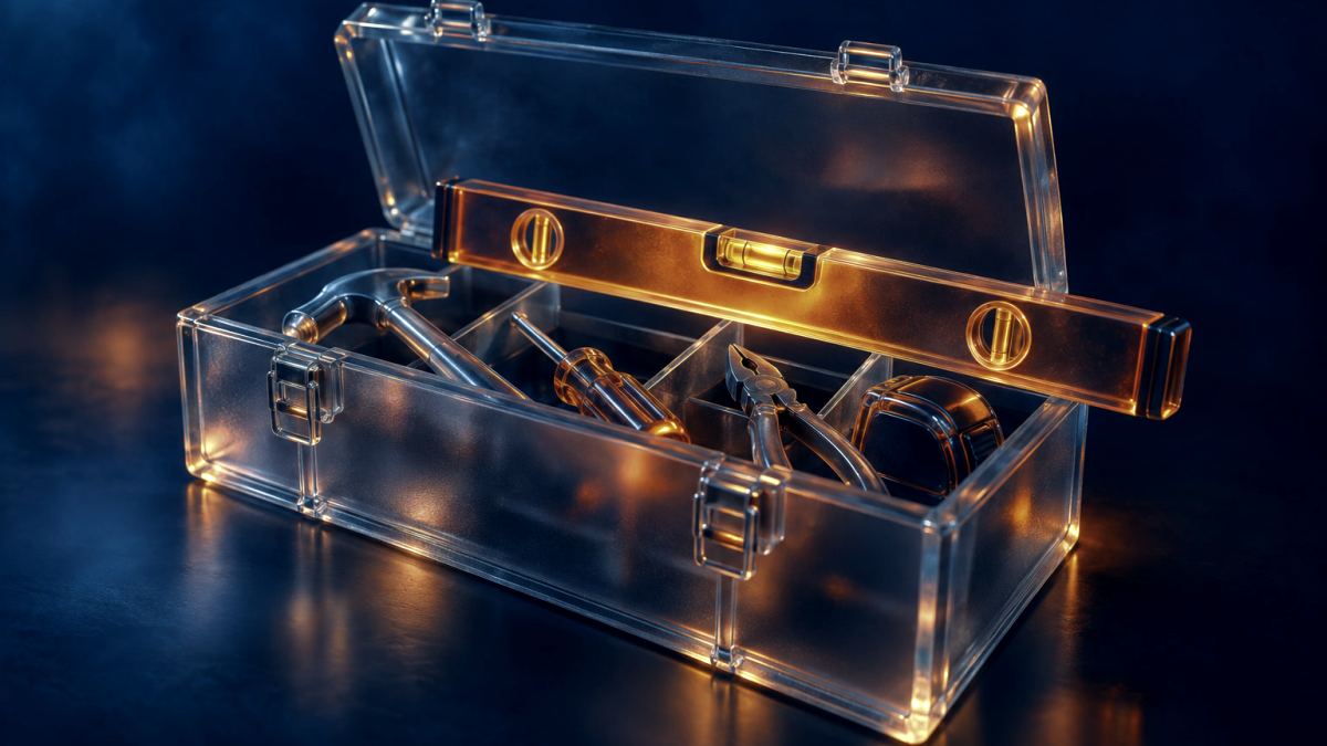 An illustration of an open glass toolbox with a glowing orange spirit level across the top.