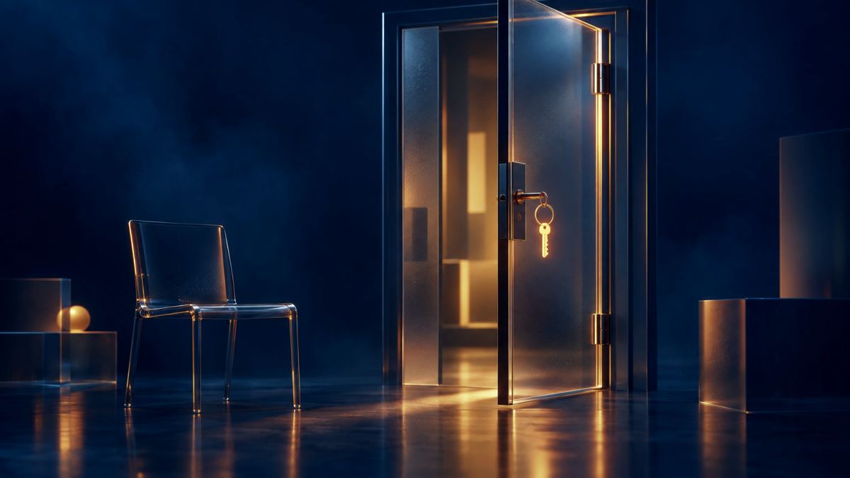 An illustration of a glass front door slightly open with a glowing key in the lock beside an empty chair.