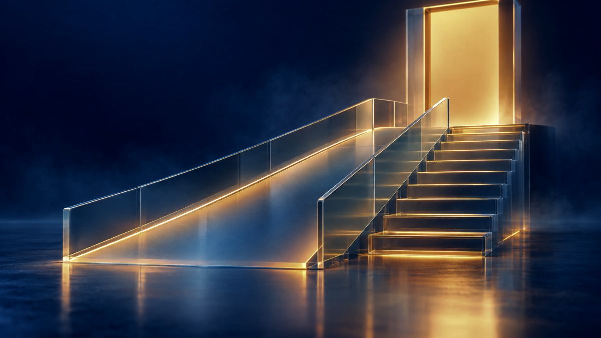 An illustration of a glass ramp beside a flight of glass steps leading to a glowing orange doorway.