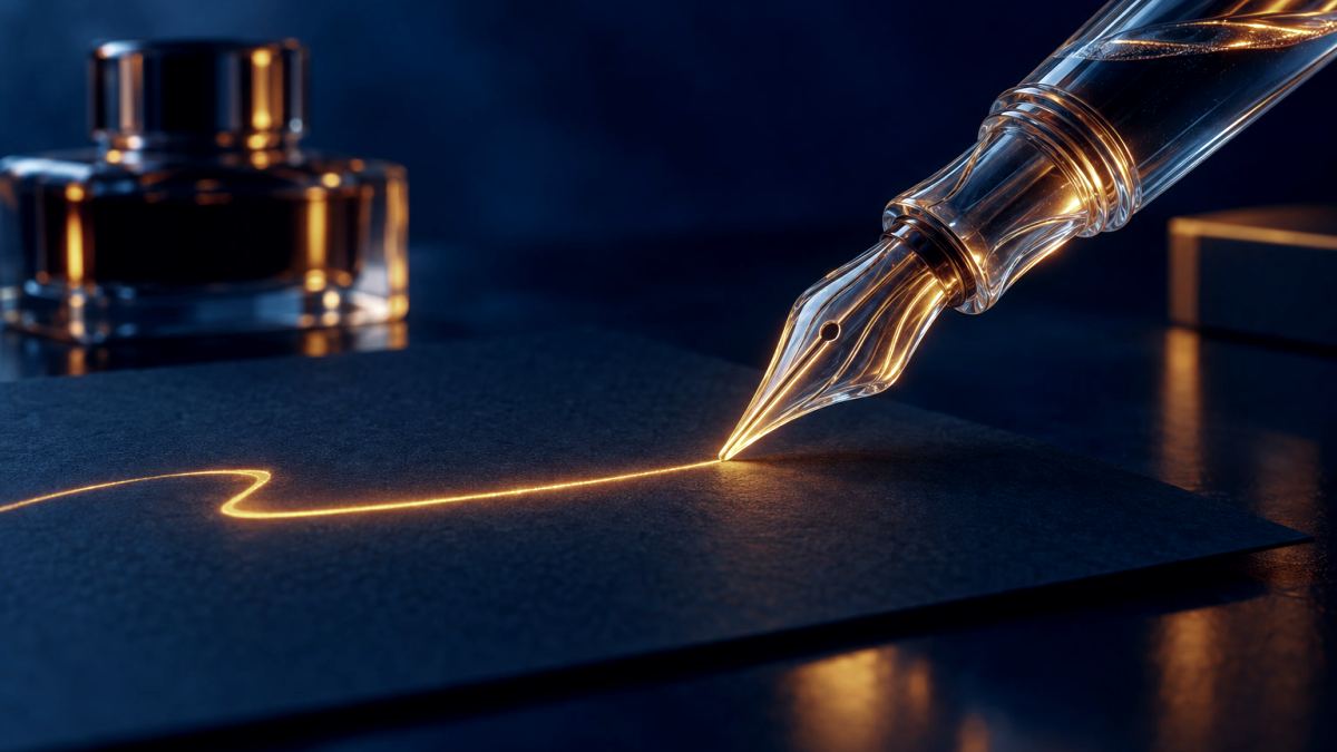 An illustration of a glass fountain pen drawing a glowing orange line across dark paper.