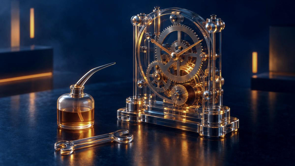 An illustration of a glass oil can and wrench beside a running clockwork mechanism.