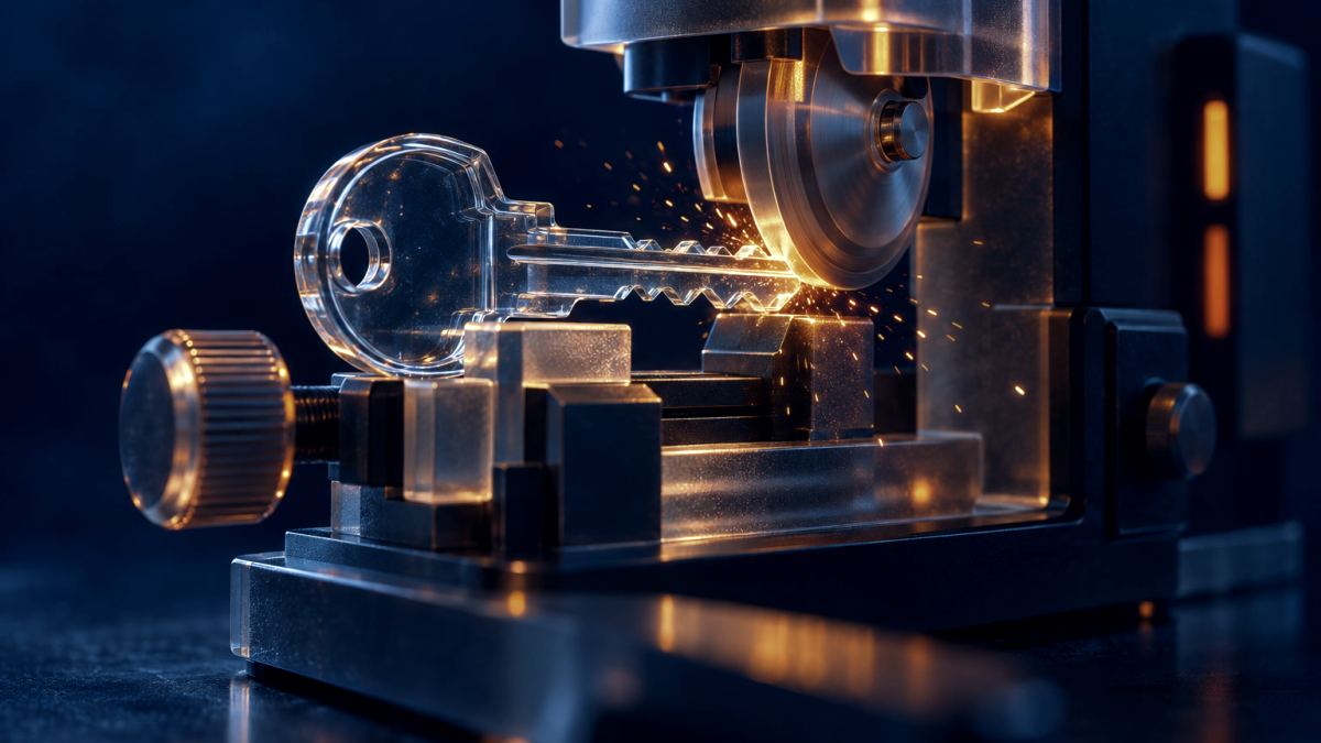 An illustration of a glass key being cut on a small machine with orange sparks at the blade.