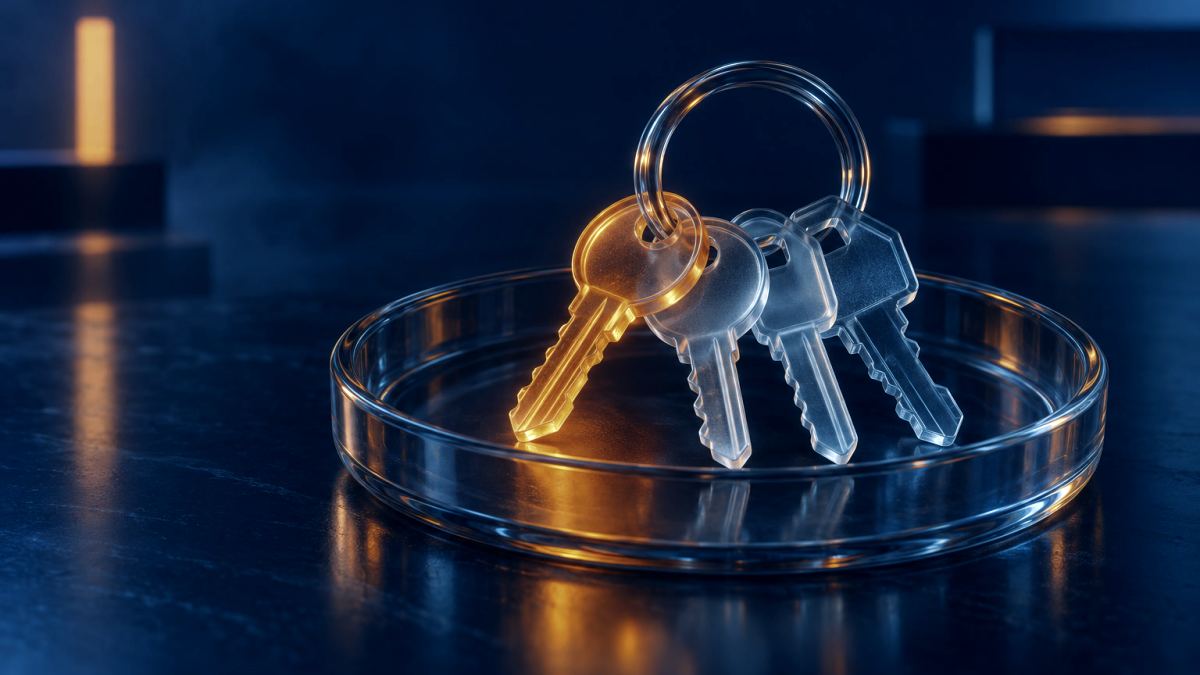 An illustration of a glass key ring holding four keys in a glass dish, one key glowing orange.
