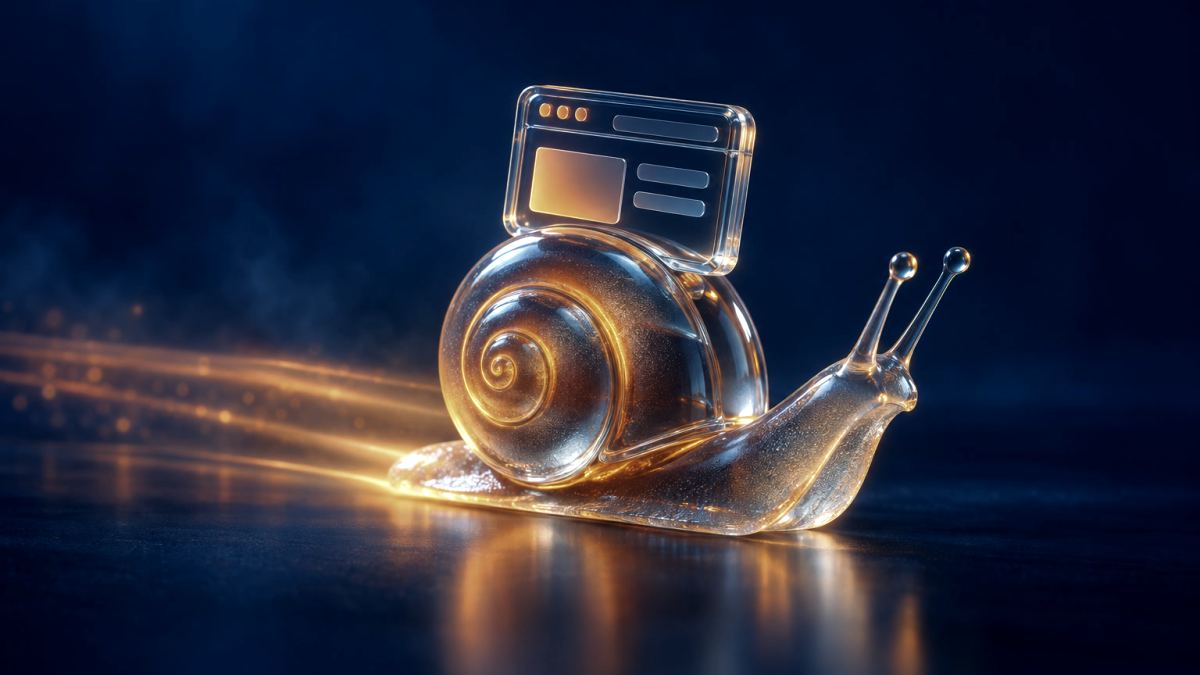 An illustration of a glass snail carrying a tiny browser window on its back.