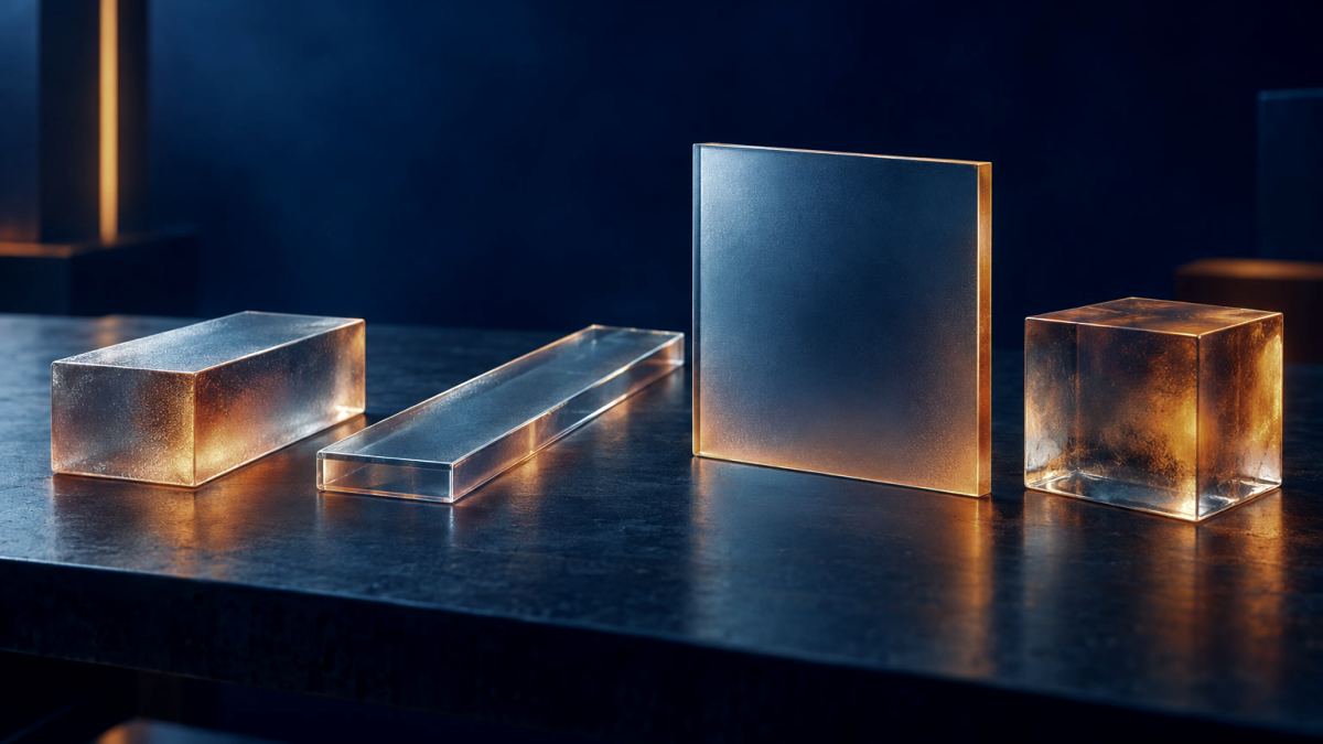 An illustration of four glass building materials side by side on a workbench, one glowing orange.