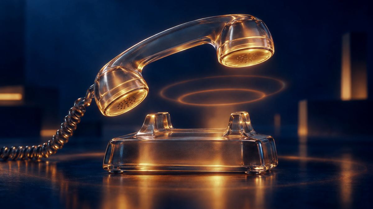 An illustration of a glass telephone handset lifted above its cradle, glowing orange, with a ring of light pulsing outward.