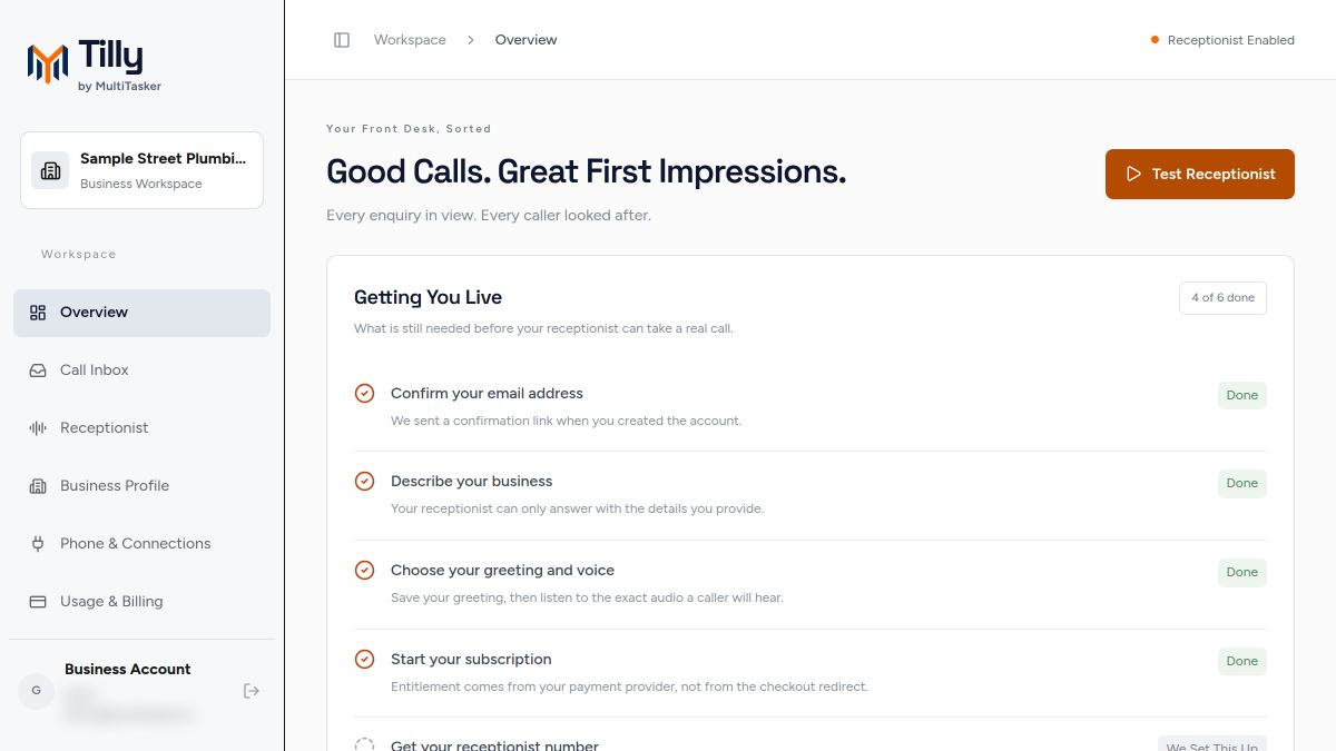 The Tilly dashboard for a sample plumbing business, open on its Getting You Live checklist with four of six setup steps done.