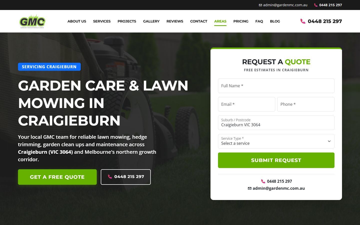 Garden MC: A suburb page, with the postcode already filled into the quote form.
