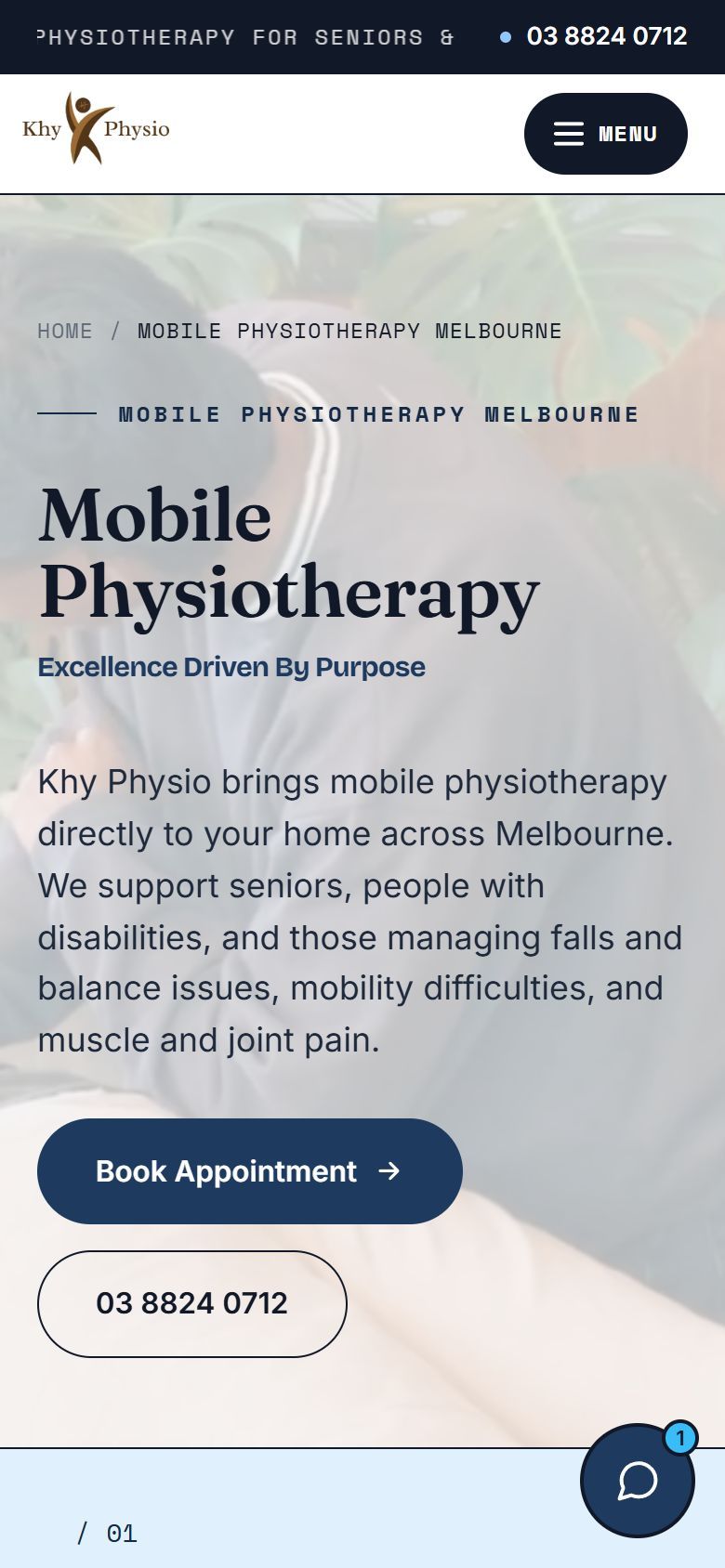 Khy Physio homepage on a phone, captured 15 September 2026